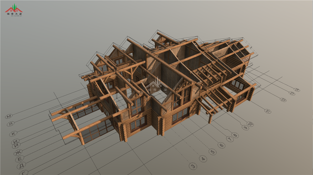 双层重型木刻楞别墅结构剖面图