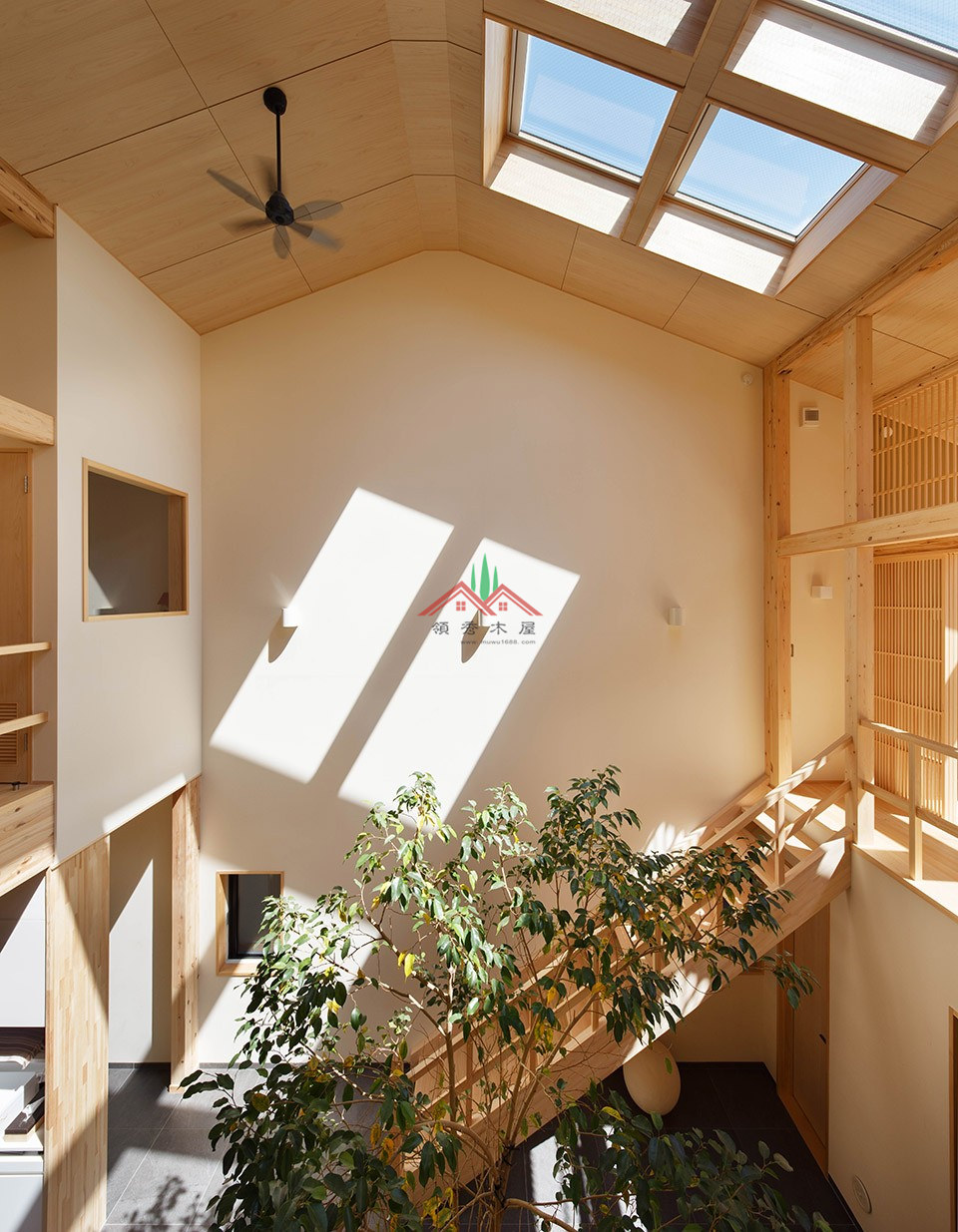室内有颗树的木屋