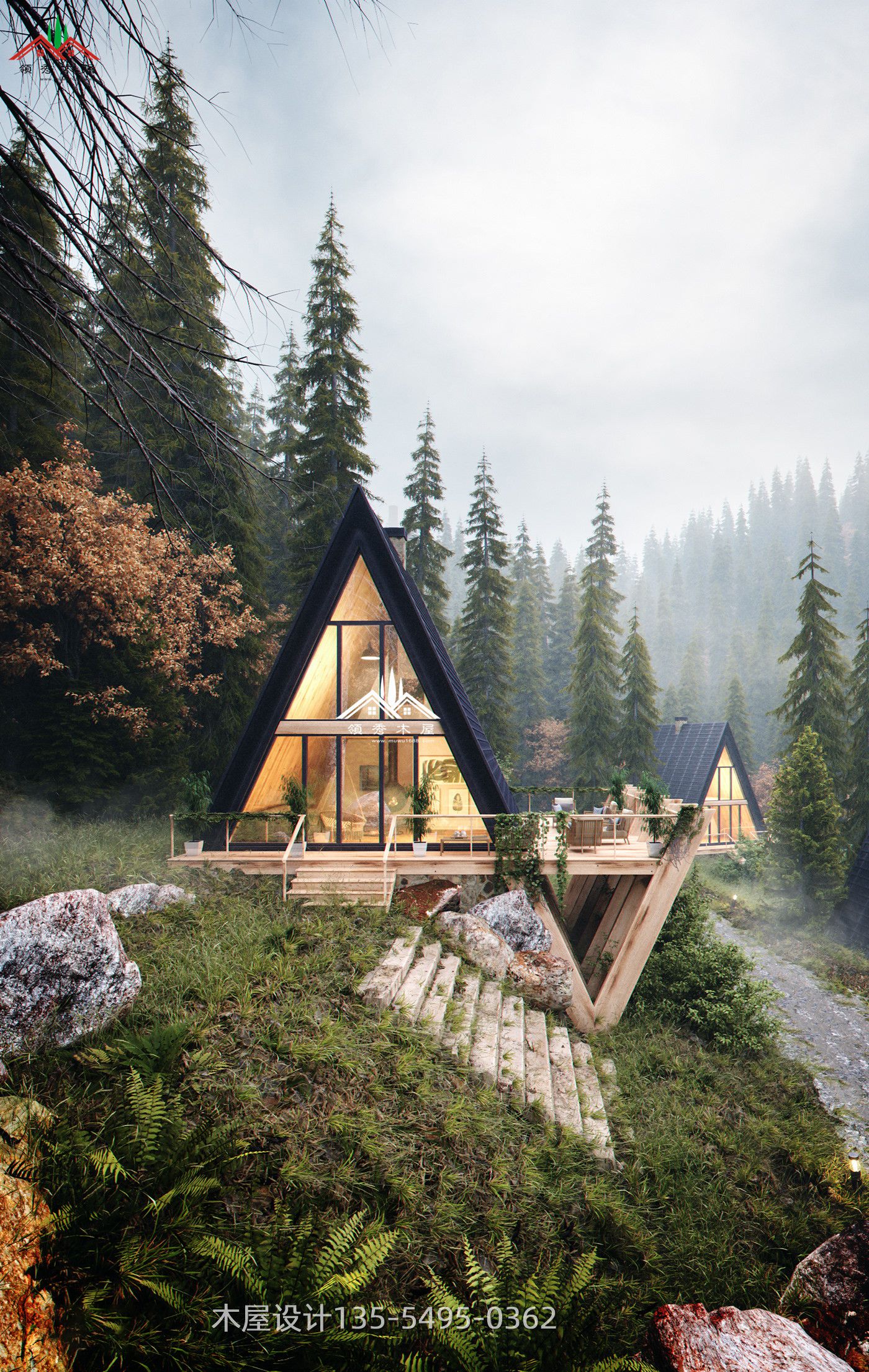 三角形特色木屋,适合森林里池塘边河边亲水木屋及作民宿酒店